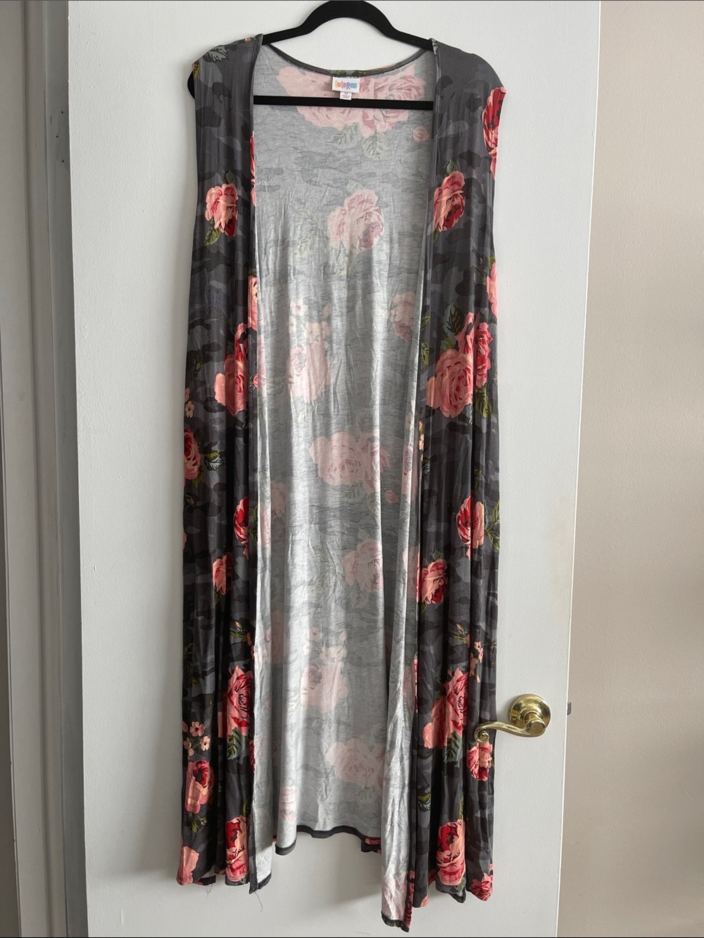 LuLaRoe Joy Gray Camo Duster Vest with Pink Roses